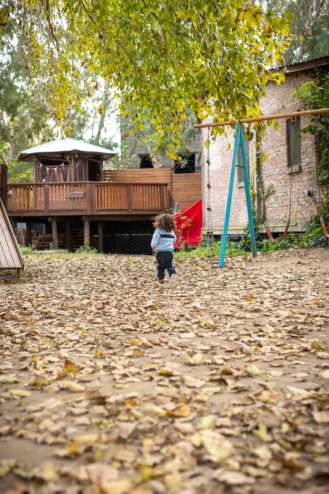 Niño caminando entre las hojas secas del otoño hacia la casita de madera del jardín